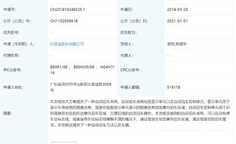 没有标线也能停！比亚迪获自动泊车相关专利