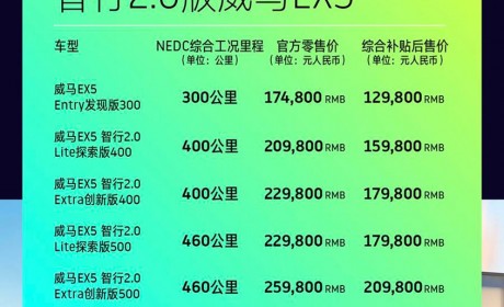 威马EX5 2.0 智行版 补贴后售15.98万起