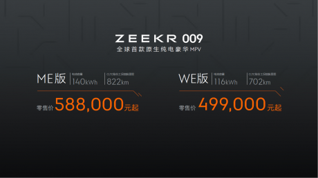 极氪009正式上市 两款车型售价49.9万元/58.8万元