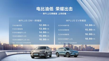 比亚迪宋PLUS荣耀版12.98万元起售 超14项核心全系标配