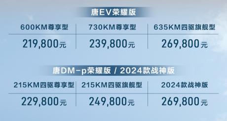 唐EV荣耀版、唐DM-p荣耀版/2024款战神版上市 售价21.98万-26.98万元
