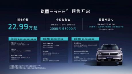 岚图FREE+预售价22.99万起 全系标配华为最新辅助驾驶及智能座舱
