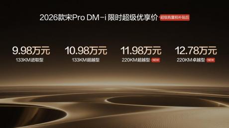 比亚迪2026款宋Pro DM-i 220km版本上市 限时11.98万-12.78万元