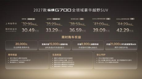 2027款纵横G700正式上市 限时权益价30.49万-42.29万元